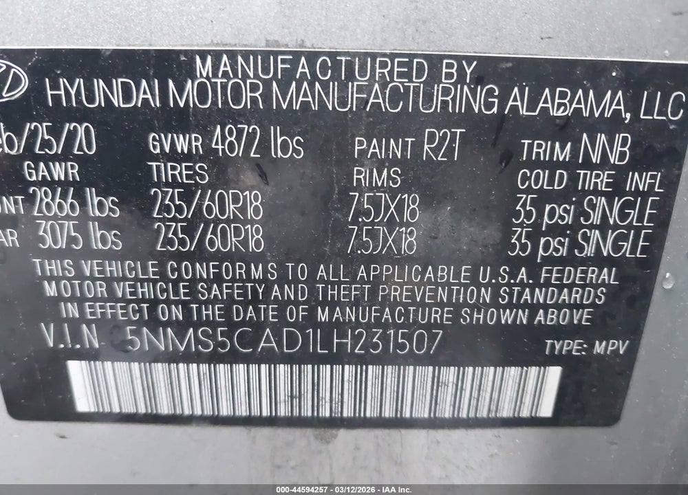 2020 HYUNDAI SANTA FE LIMITED VIN: 5NMS5CAD1LH231507