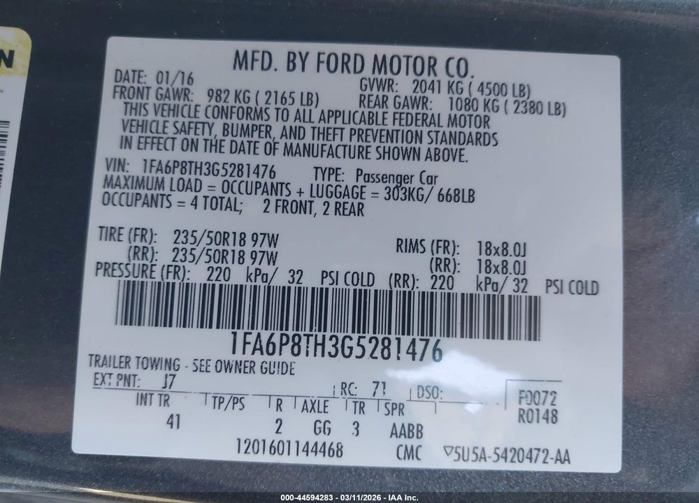 2016 FORD MUSTANG ECOBOOST VIN: 1FA6P8TH3G5281476