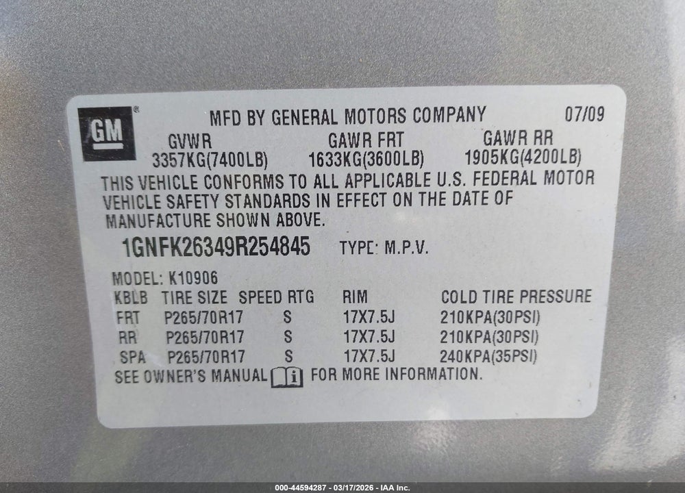 2009 CHEVROLET SUBURBAN 1500 LT2 VIN: 1GNFK26349R254845