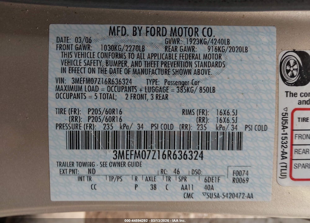 2006 MERCURY MILAN VIN: 3MEFM07Z16R636324
