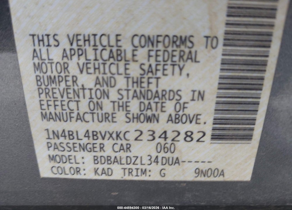 2019 NISSAN ALTIMA 2.5 S VIN: 1N4BL4BVXKC234282