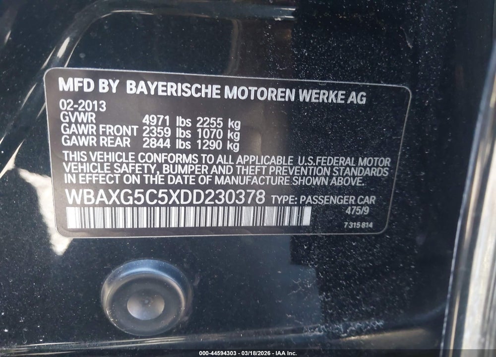 2013 BMW 528I VIN: WBAXG5C5XDD230378