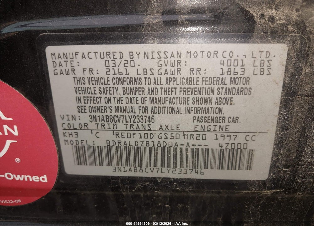 2020 NISSAN SENTRA SV XTRONIC CVT VIN: 3N1AB8CV7LY233746