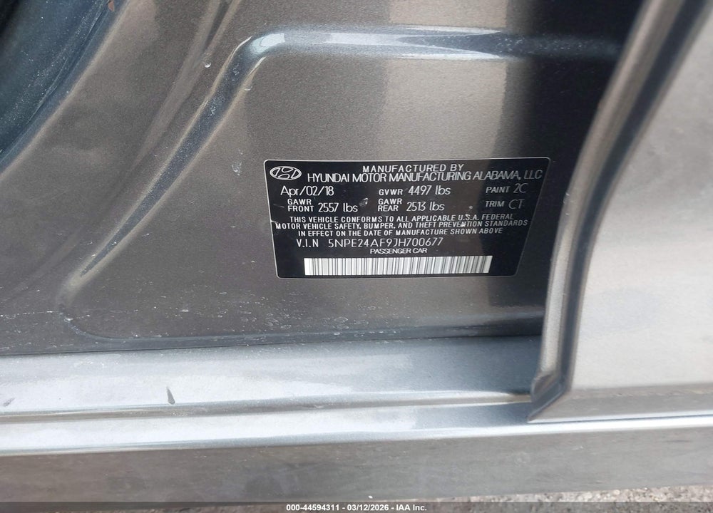 2018 HYUNDAI SONATA SE VIN: 5NPE24AF9JH700677