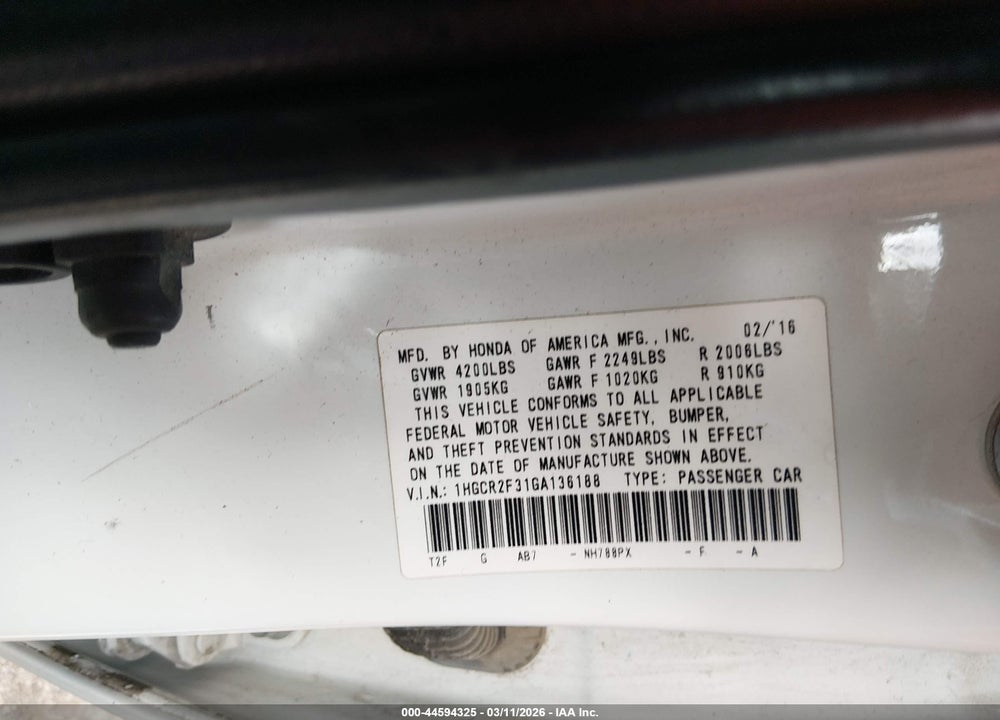 2016 HONDA ACCORD LX VIN: 1HGCR2F31GA136188
