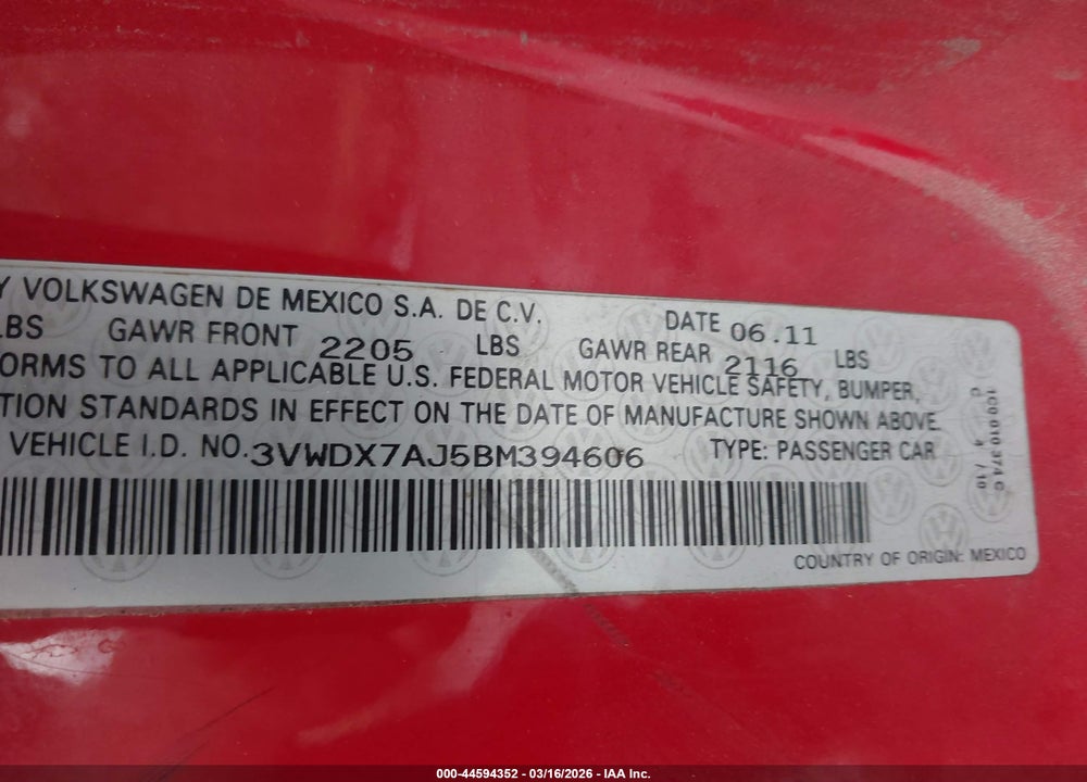 2011 VOLKSWAGEN JETTA 2.5L SE VIN: 3VWDX7AJ5BM394606