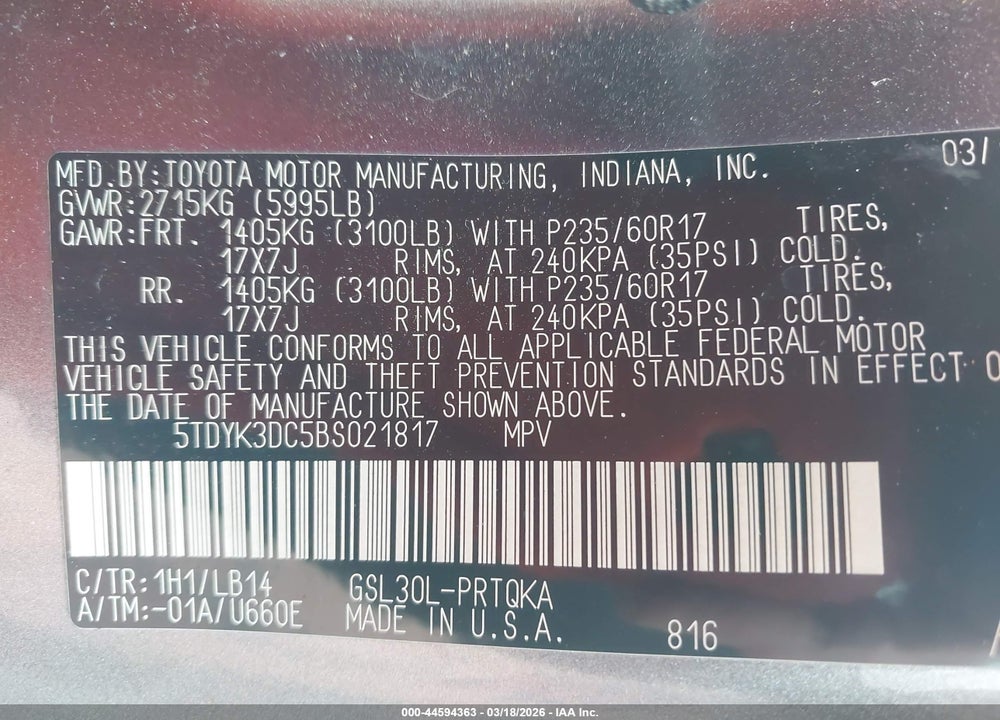 2011 TOYOTA SIENNA XLE V6 VIN: 5TDYK3DC5BS021817