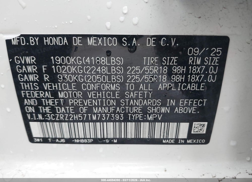 2026 HONDA HR-V AWD SPORT VIN: 3CZRZ2H57TM737393