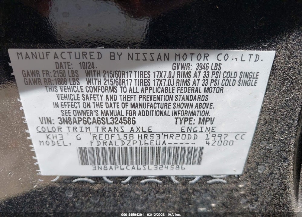 2025 NISSAN KICKS SV FWD VIN: 3N8AP6CA6SL324586