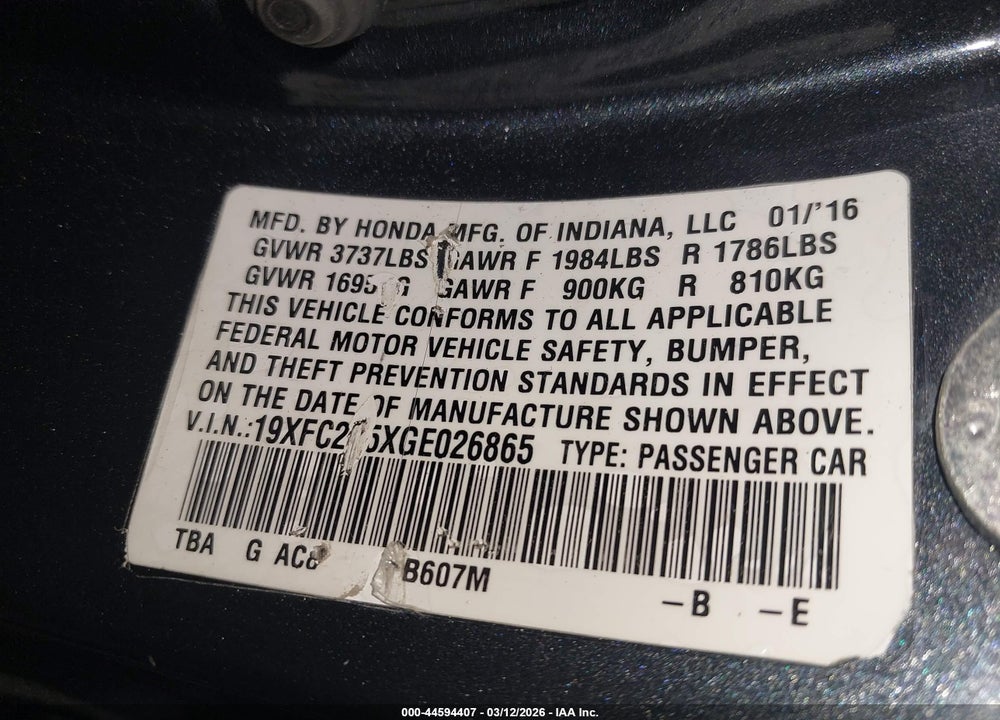 2016 HONDA CIVIC VIN: 19XFC2F5XGE026865