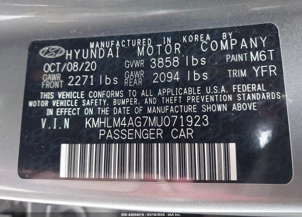 2021 HYUNDAI ELANTRA SEL VIN: KMHLM4AG7MU071923