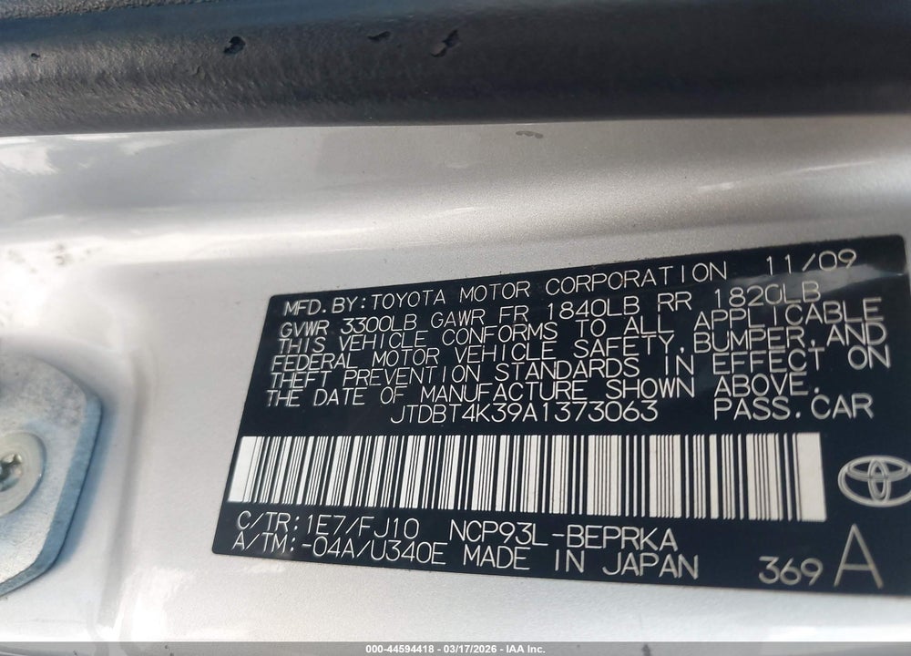 2010 TOYOTA YARIS VIN: JTDBT4K39A1373063