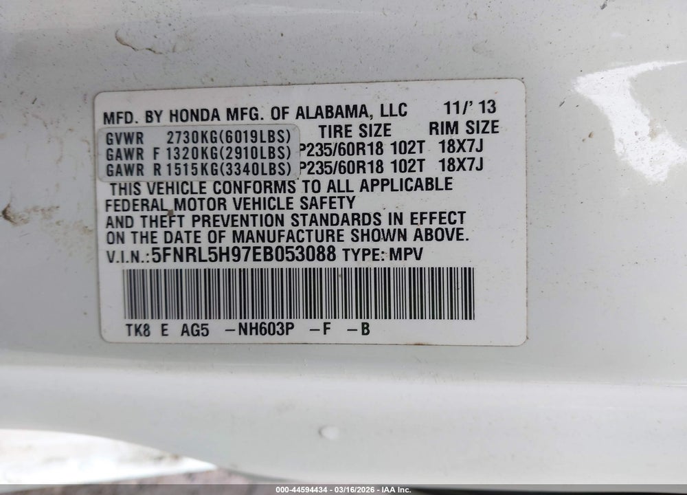 2014 HONDA ODYSSEY TOURING/TOURING ELITE VIN: 5FNRL5H97EB053088