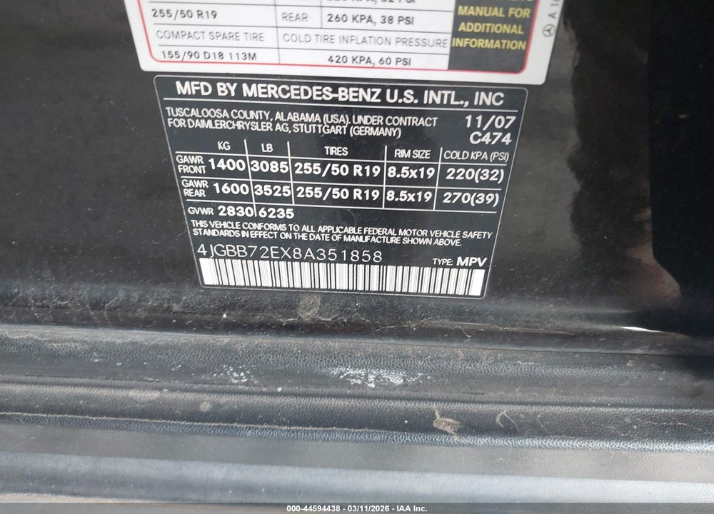 2008 MERCEDES-BENZ ML 550 4MATIC VIN: 4JGBB72EX8A351858