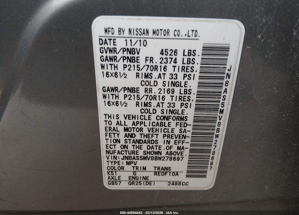 2011 NISSAN ROGUE S VIN: JN8AS5MV8BW278697