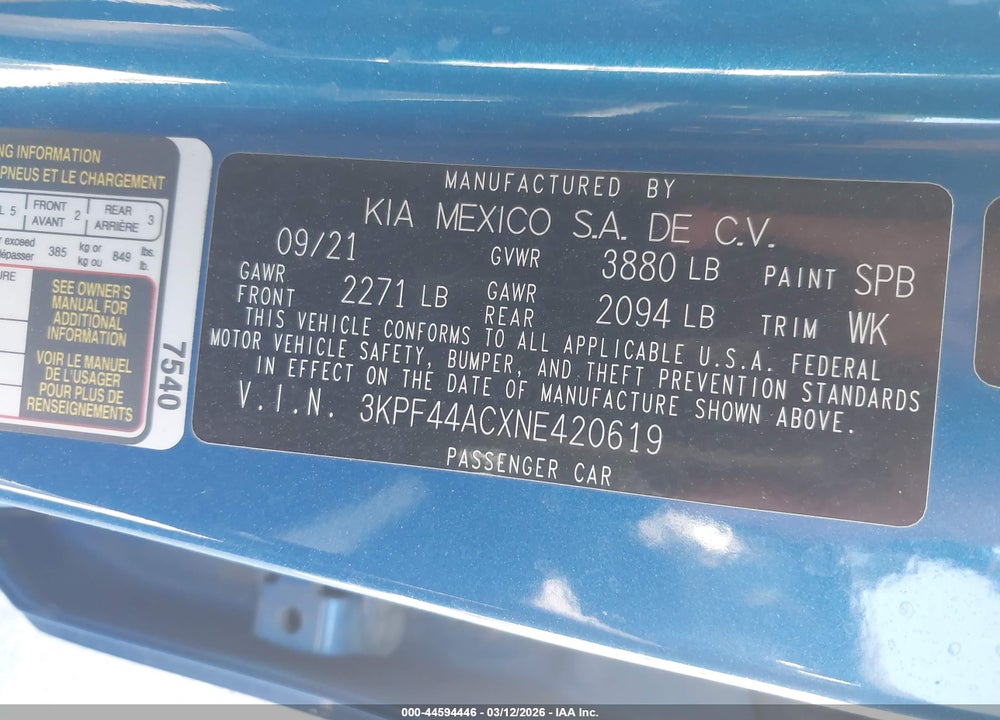 2022 KIA FORTE GT MANUAL VIN: 3KPF44ACXNE420619