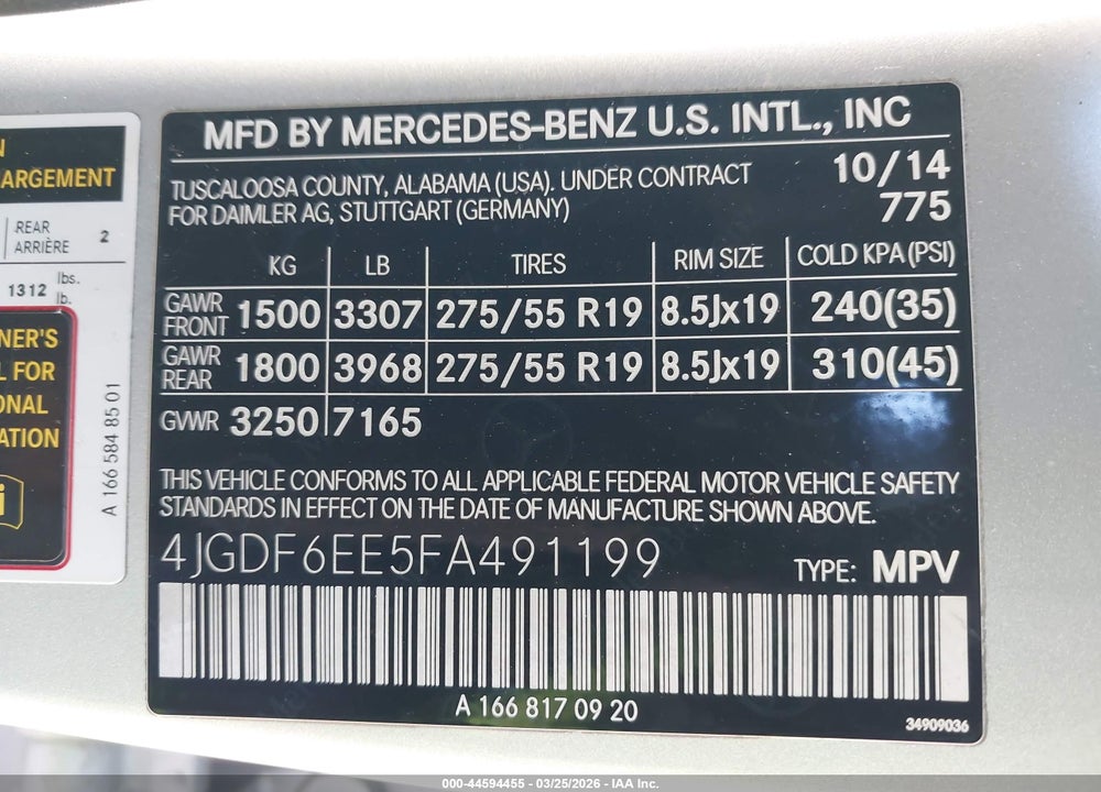 2015 MERCEDES-BENZ GL 450 4MATIC VIN: 4JGDF6EE5FA491199