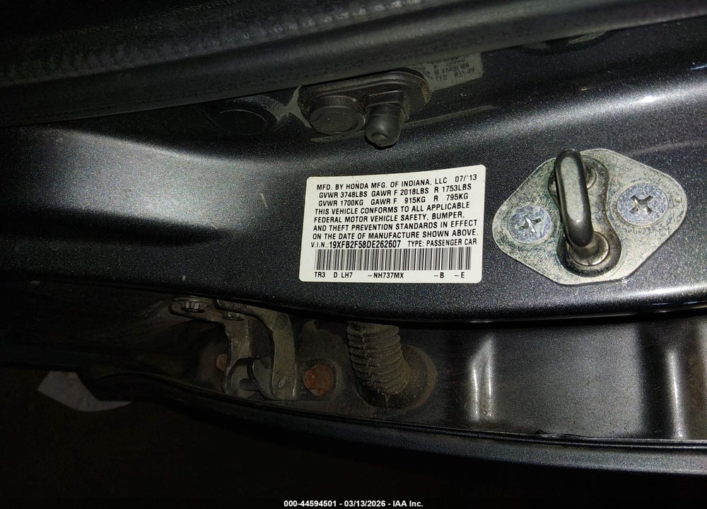 2013 HONDA CIVIC LX VIN: 19XFB2F58DE262607