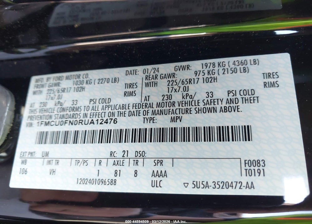 2024 FORD ESCAPE VIN: 1FMCU0FN0RUA12476