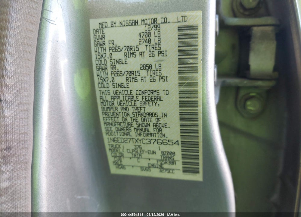 2000 NISSAN FRONTIER SE-V6/XE-V6 VIN: 1N6ED27TXYC376654