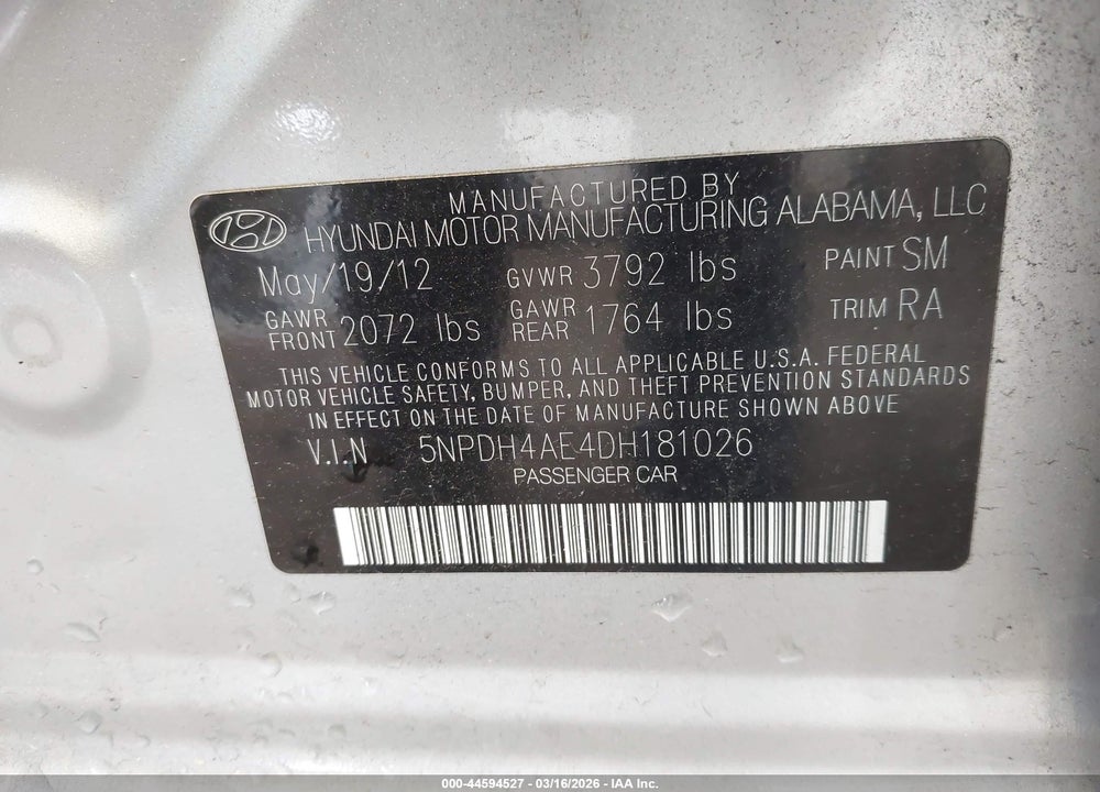 2013 HYUNDAI ELANTRA GLS/LIMITED VIN: 5NPDH4AE4DH181026