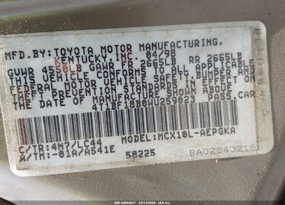 1998 TOYOTA AVALON XLS VIN: 4T1BF18B0WU259023