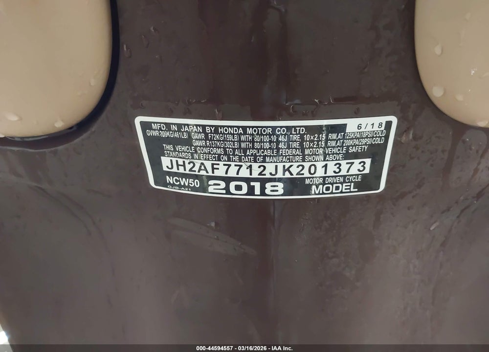 2018 HONDA NCW50 VIN: JH2AF7712JK201373
