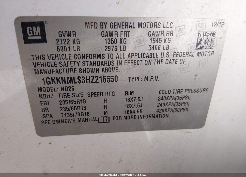 2017 GMC ACADIA SLT-1 VIN: 1GKKNMLS3HZ216550