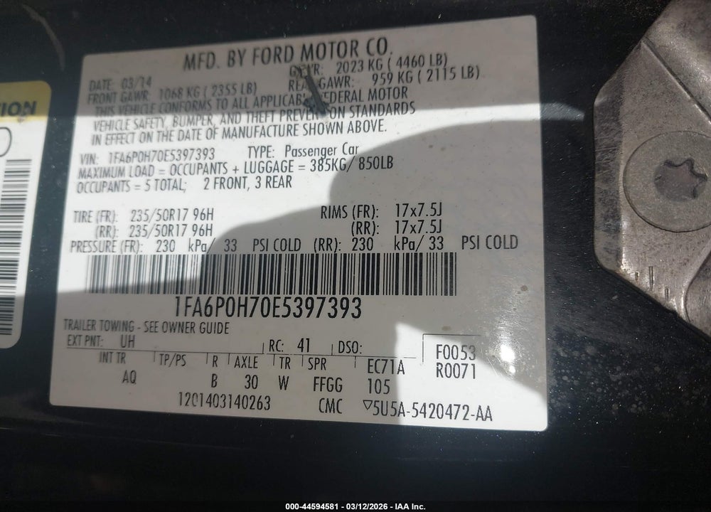 2014 FORD FUSION SE VIN: 1FA6P0H70E5397393