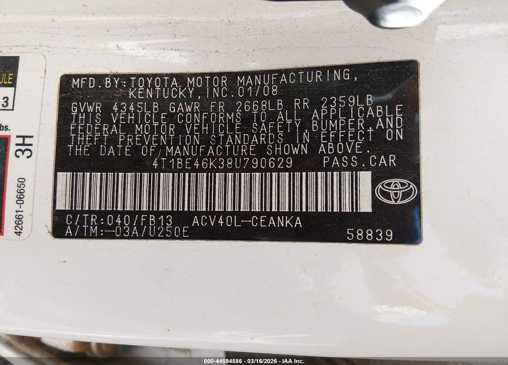 2008 TOYOTA CAMRY VIN: 4T1BE46K38U790629