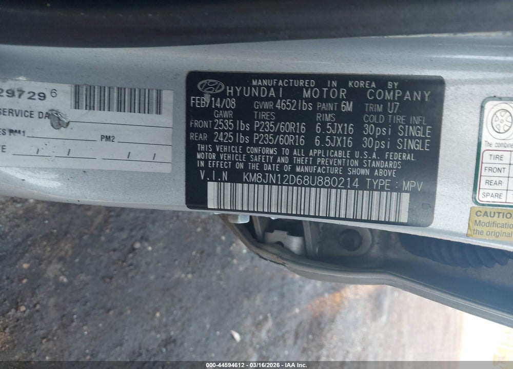 2008 HYUNDAI TUCSON VIN: KM8JN12D68U880214