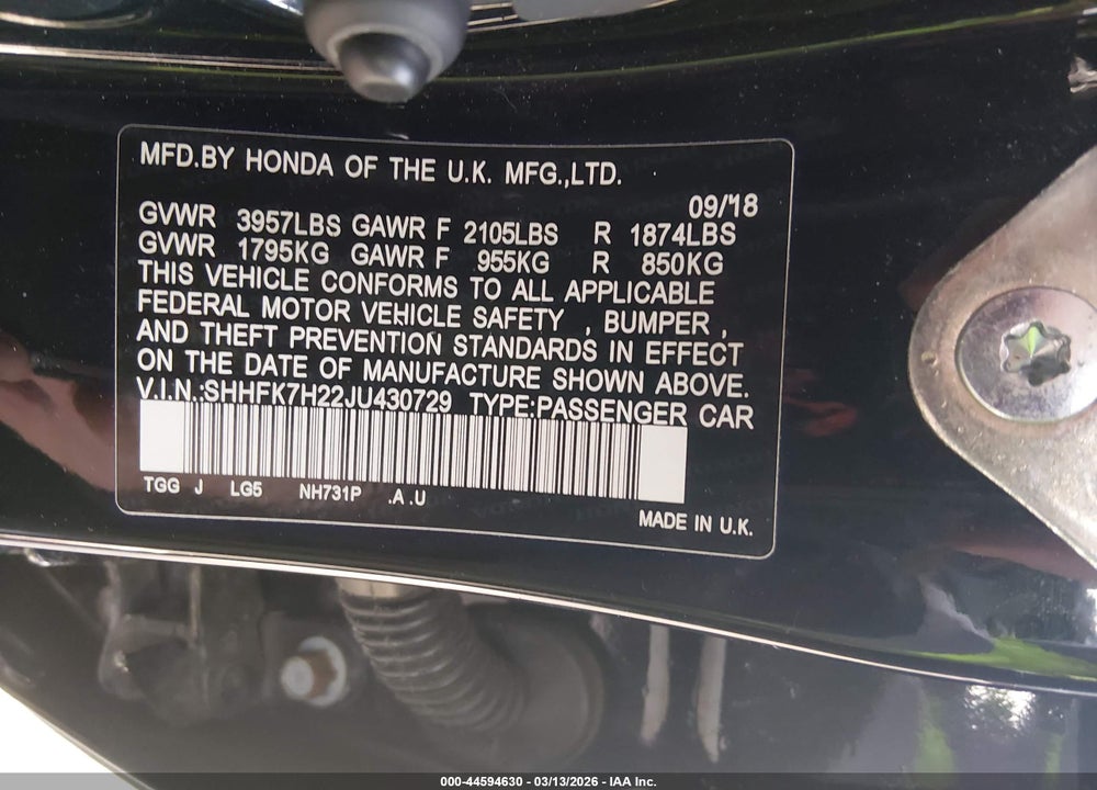 2018 HONDA CIVIC LX VIN: SHHFK7H22JU430729