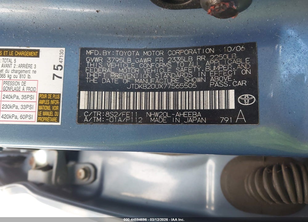 2007 TOYOTA PRIUS VIN: JTDKB20UX77565505