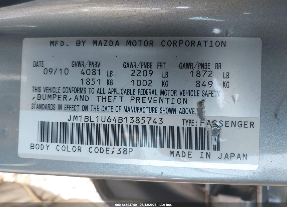 2011 MAZDA 3 S SPORT VIN: JM1BL1U64B1385743