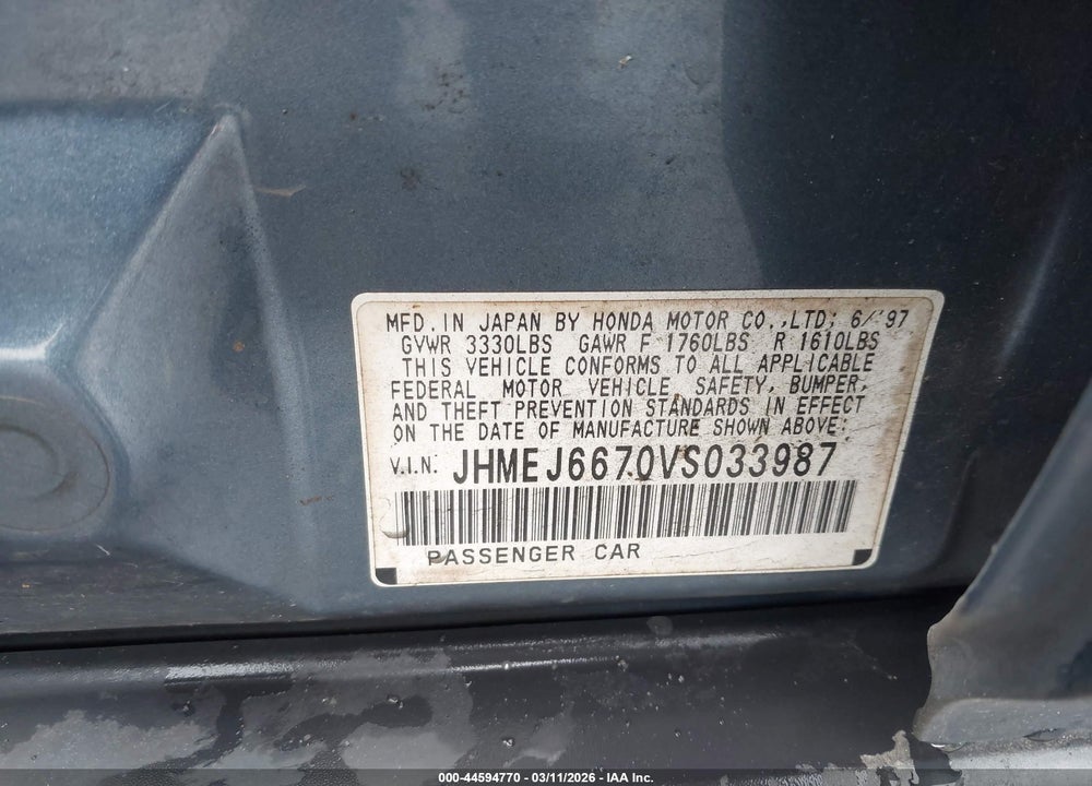 1997 HONDA CIVIC LX VIN: JHMEJ6670VS033987
