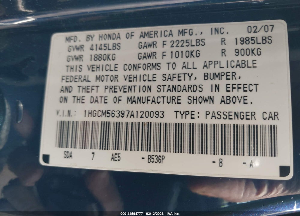 2007 HONDA ACCORD 2.4 SE VIN: 1HGCM56397A120093