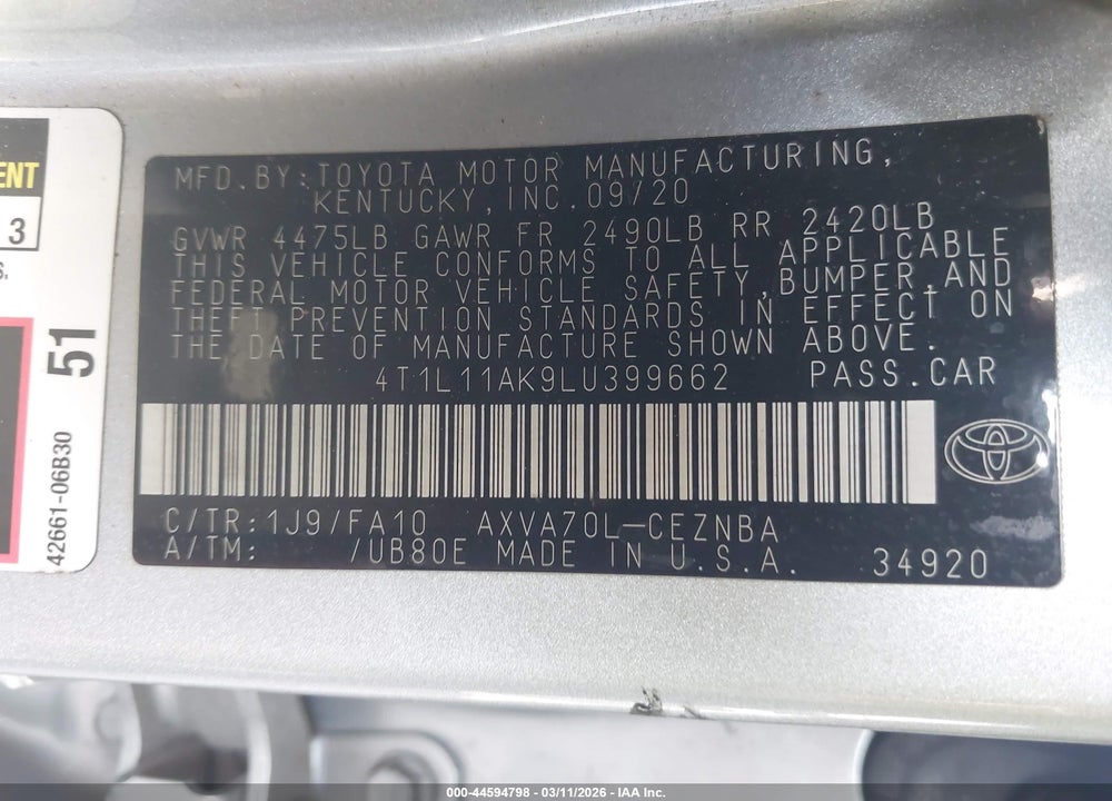 2020 TOYOTA CAMRY LE VIN: 4T1L11AK9LU399662