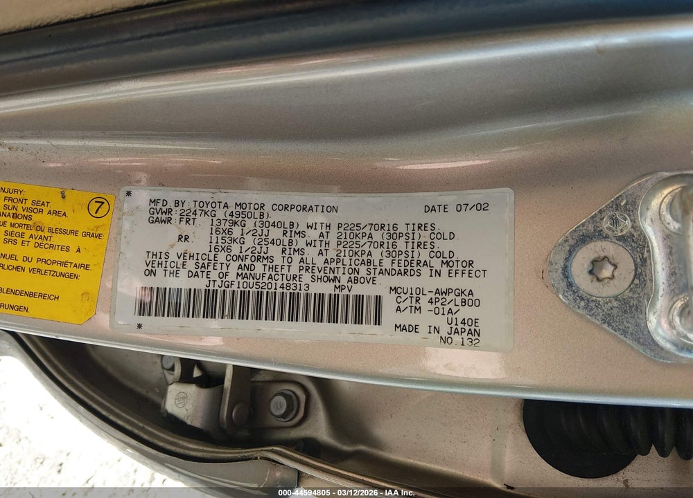 2002 LEXUS RX 300 VIN: JTJGF10U520148313