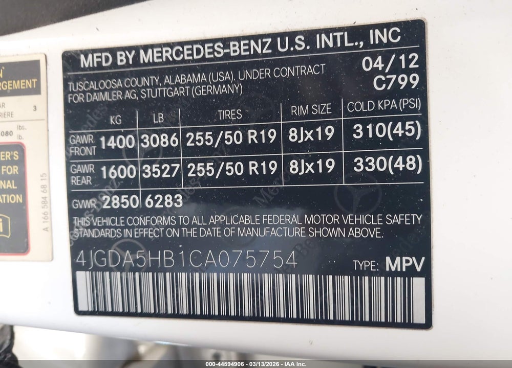 2012 MERCEDES-BENZ ML 350 4MATIC VIN: 4JGDA5HB1CA075754
