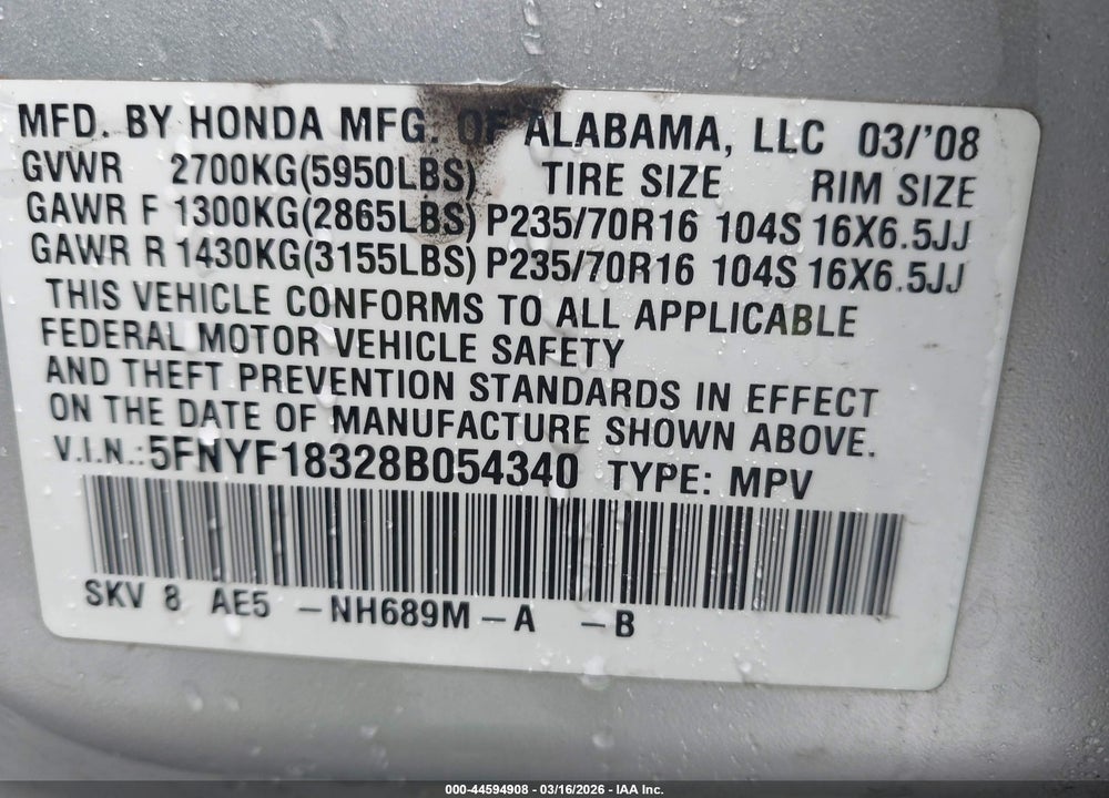 2008 HONDA PILOT SE VIN: 5FNYF18328B054340
