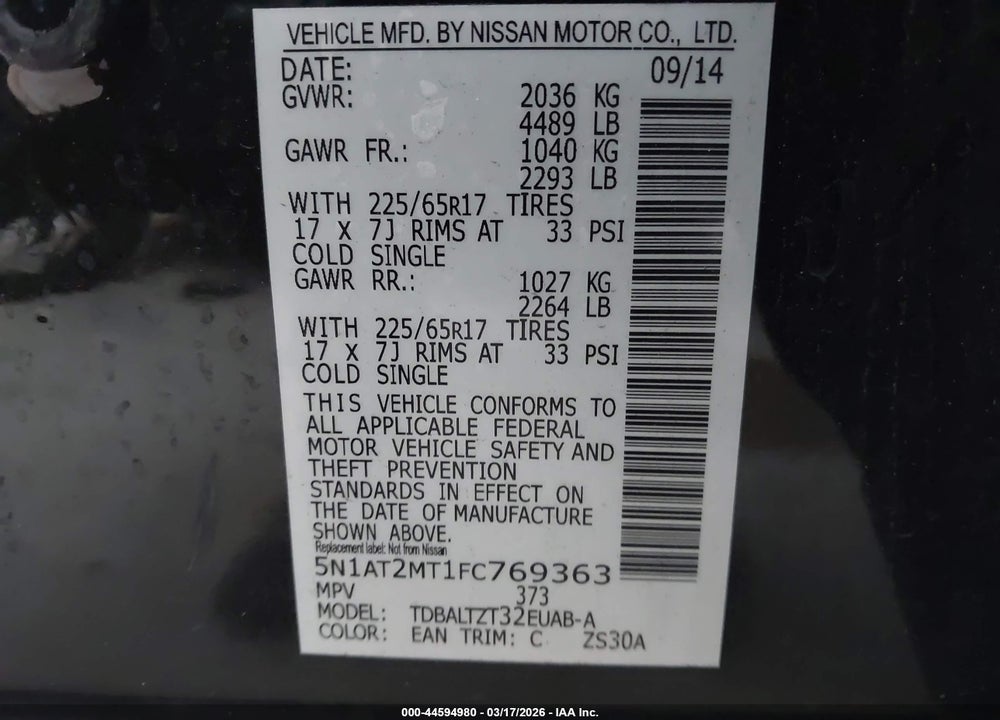 2015 NISSAN ROGUE SV VIN: 5N1AT2MT1FC769363