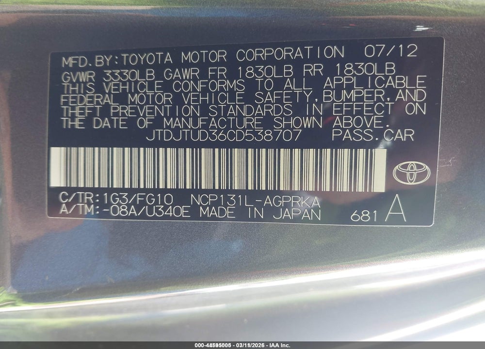 2012 TOYOTA YARIS L VIN: JTDJTUD36CD538707