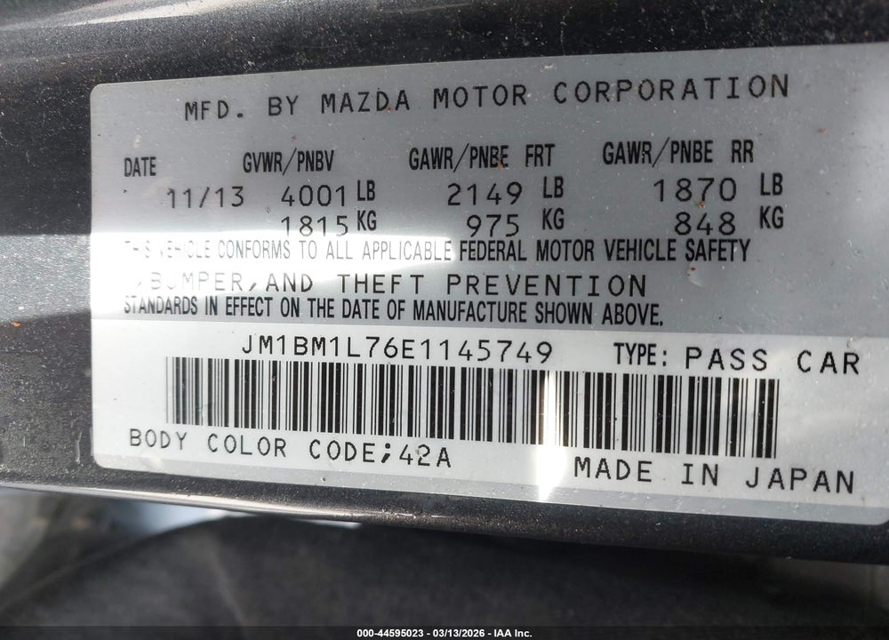 2014 MAZDA 3 I TOURING VIN: JM1BM1L76E1145749