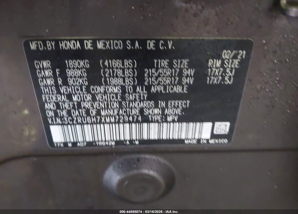 2021 HONDA HR-V AWD EX-L VIN: 3CZRU6H7XMM729474