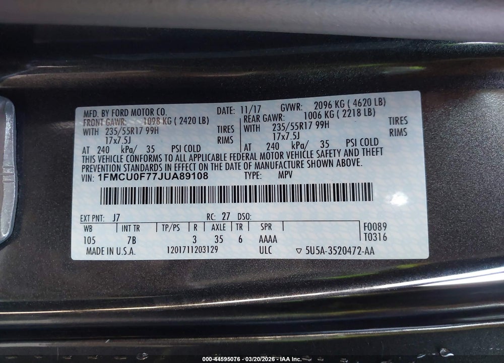 2018 FORD ESCAPE S VIN: 1FMCU0F77JUA89108