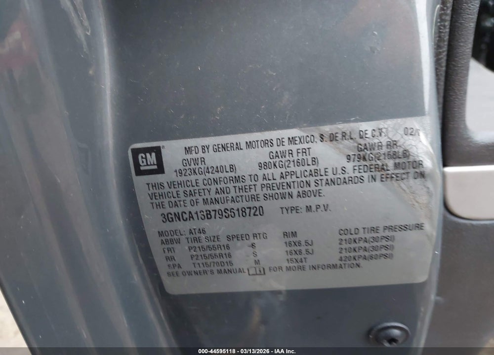 2009 CHEVROLET HHR LS VIN: 3GNCA13B79S618720
