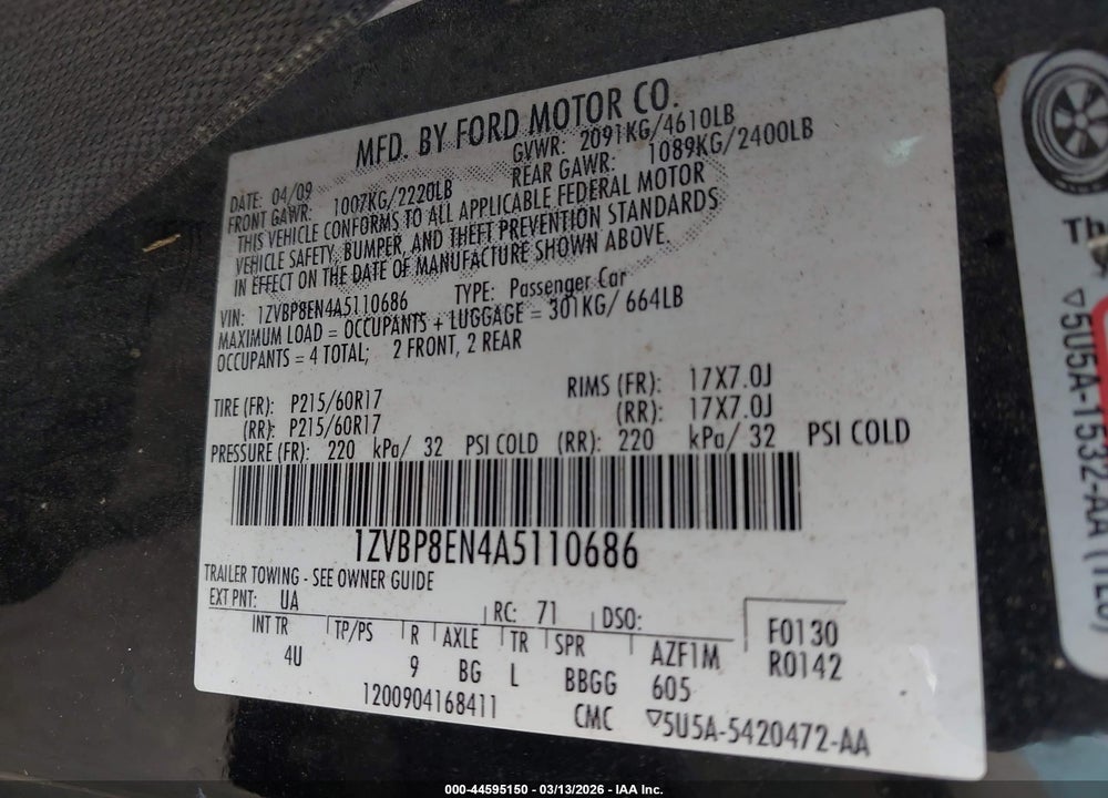 2010 FORD MUSTANG V6 PREMIUM VIN: 1ZVBP8EN4A5110686