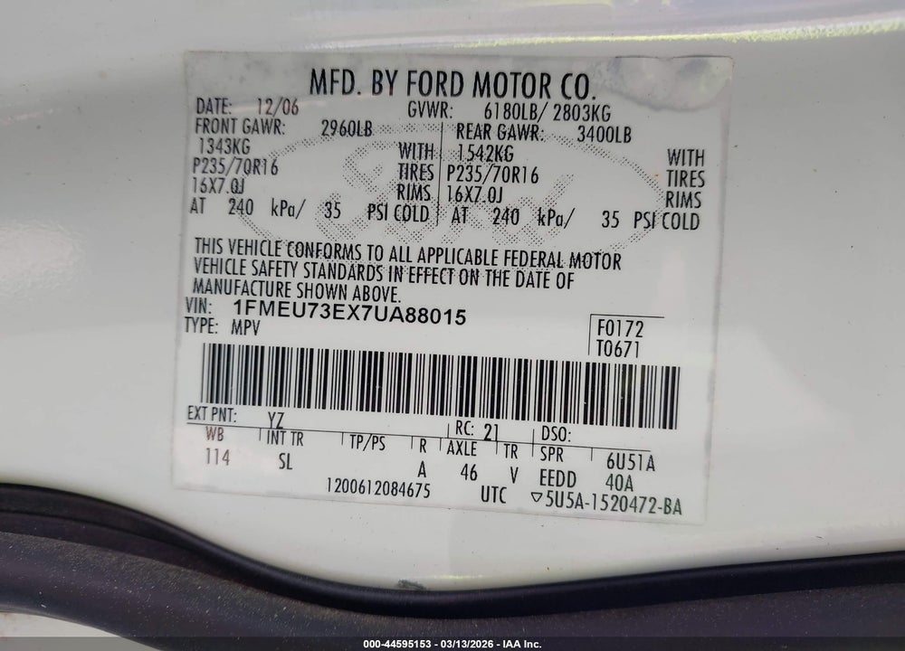2007 FORD EXPLORER XLT VIN: 1FMEU73EX7UA88015