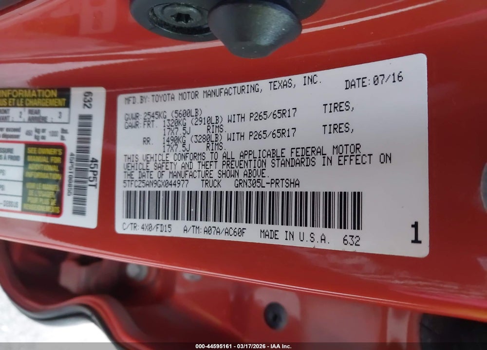 2016 TOYOTA TACOMA TRD SPORT VIN: 5TFCZ5AN9GX044977