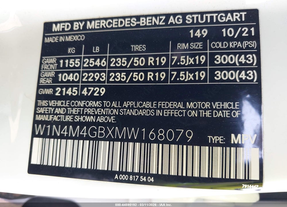 2021 MERCEDES-BENZ GLB 250 VIN: W1N4M4GBXMW168079
